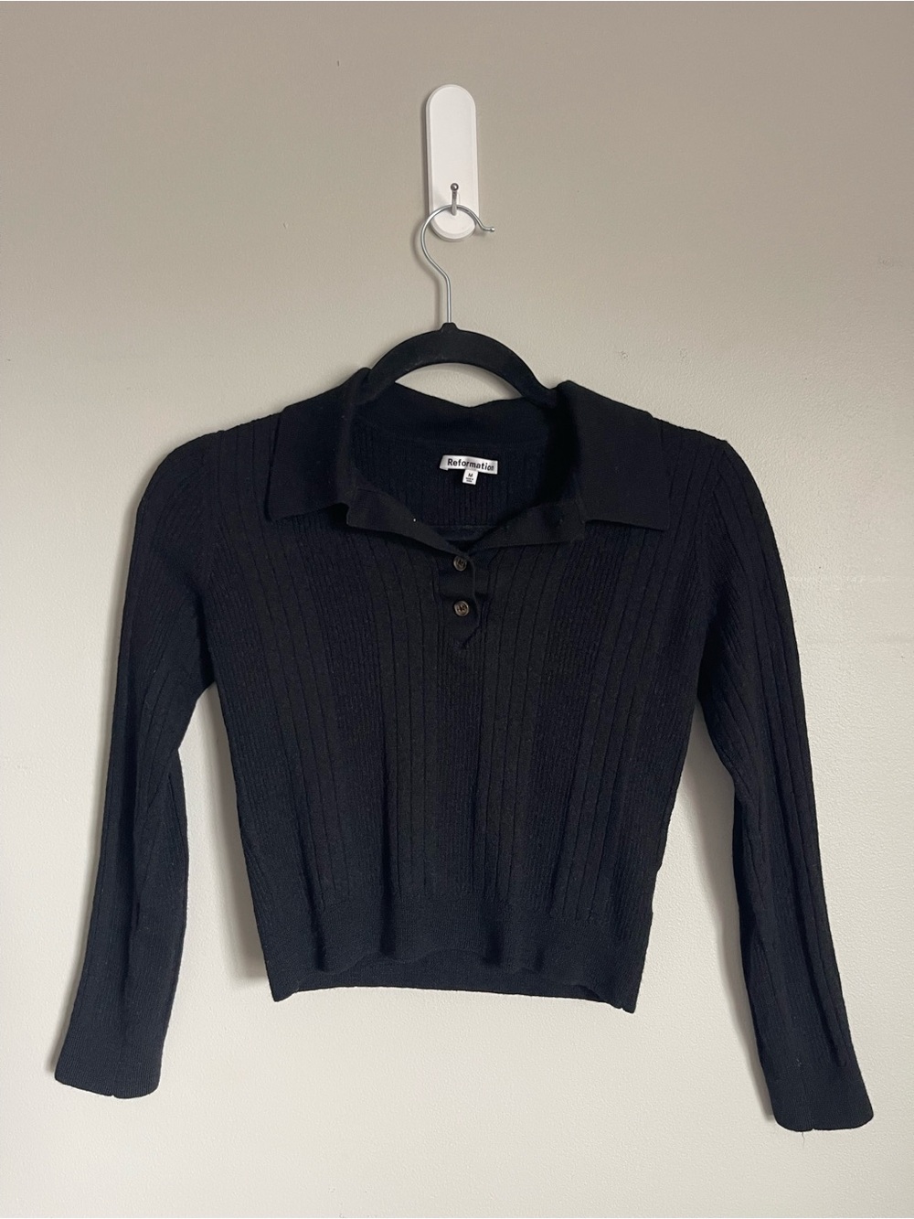 REFORMATION | Black Hermia Regenerative Merino Ribbed Polo Knit Sweater Sz M - Picture 2 of 7